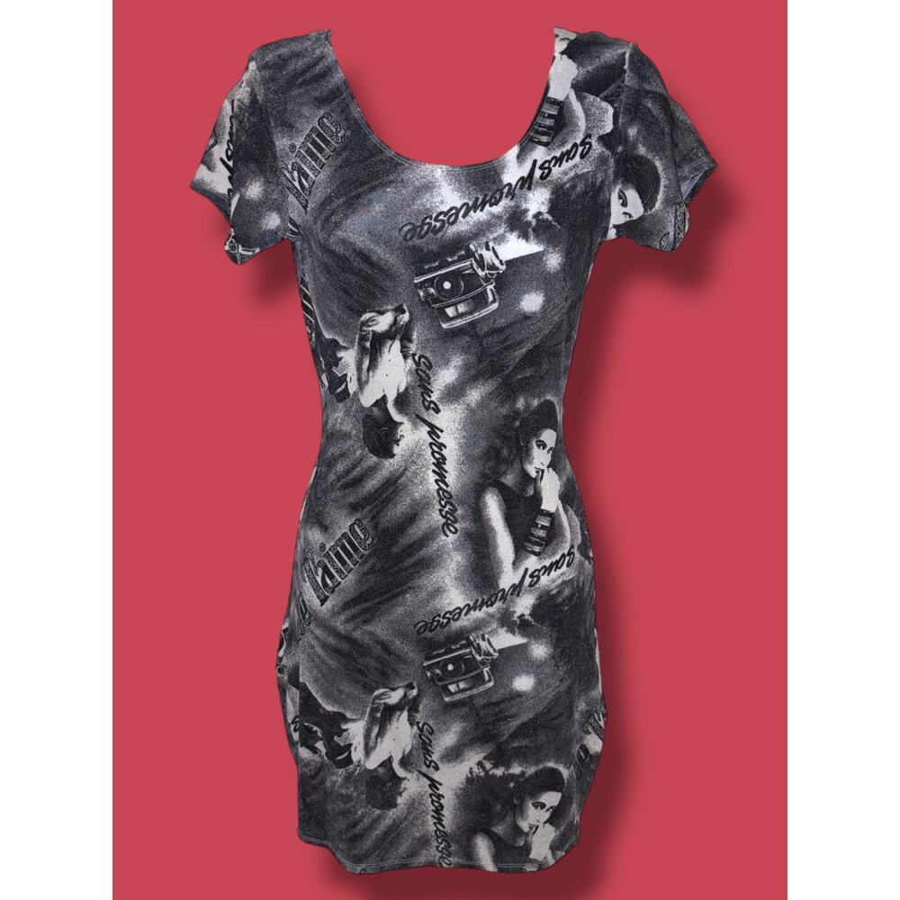 Y2K 90s Divine Bodycon Dress Large Graphic Je Taime Sans Promesse Made In USA